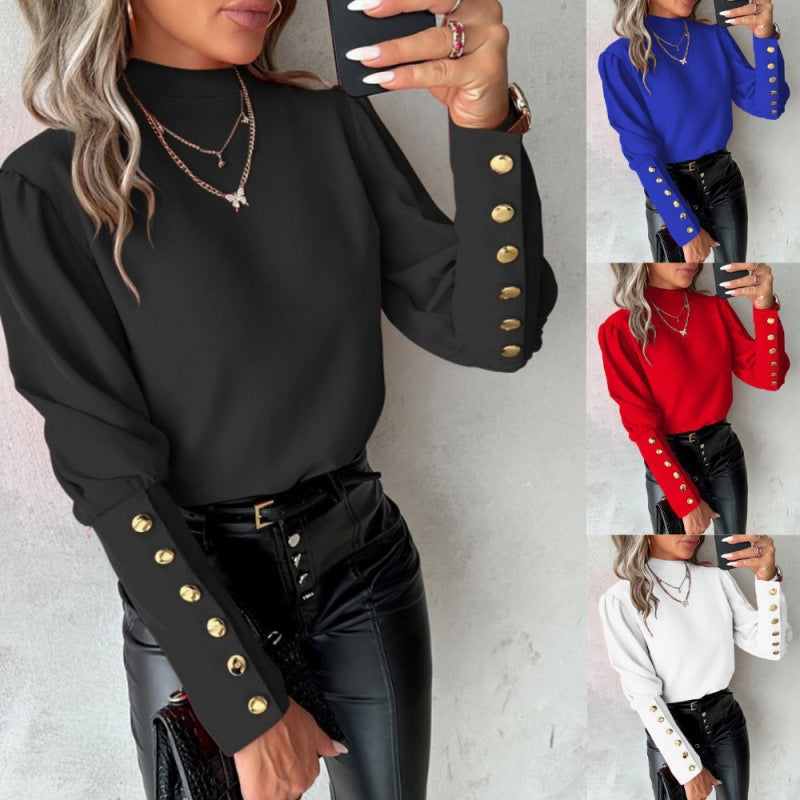 Damen elegante Bluse mit Puffärmeln und goldenen Knopfdetails EB