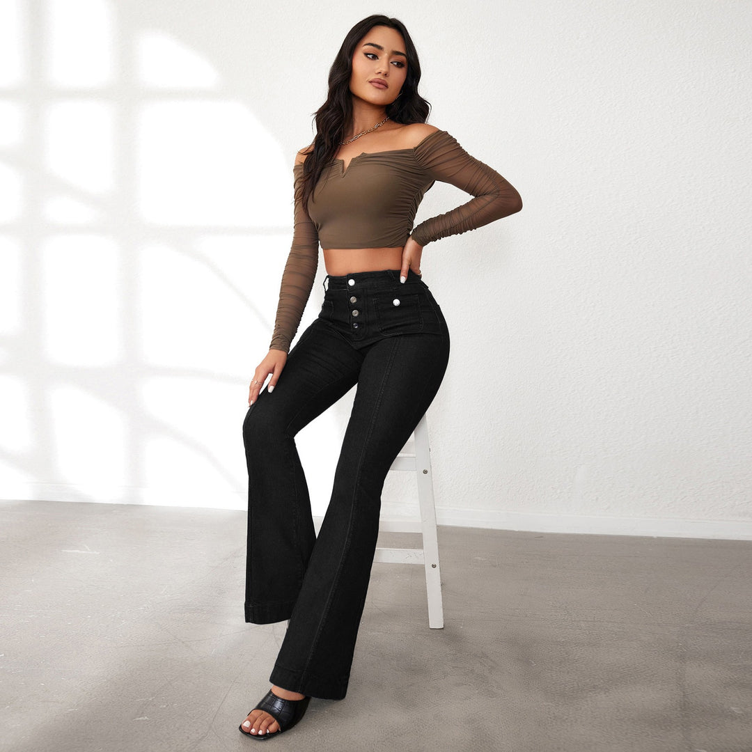 Damen Flared Jeans mit hohem Schnitt und eleganten Knopfdetails EB
