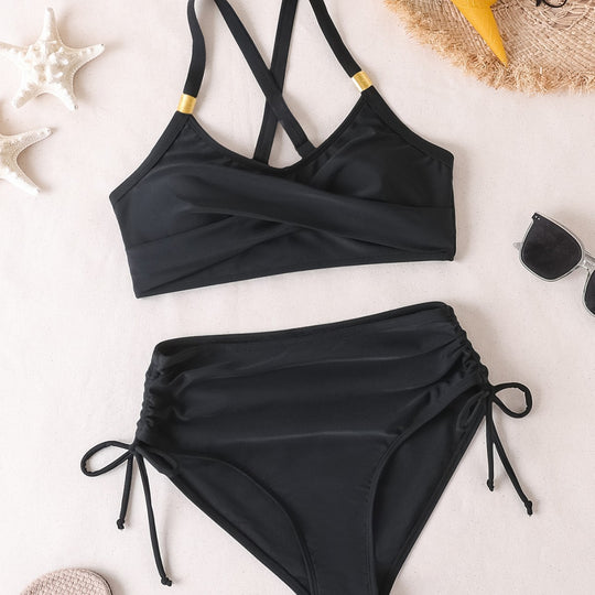 Damen Hochtailliertes Bikini-Set mit elegantem Wickeldesign und verstellbaren Trägern EB