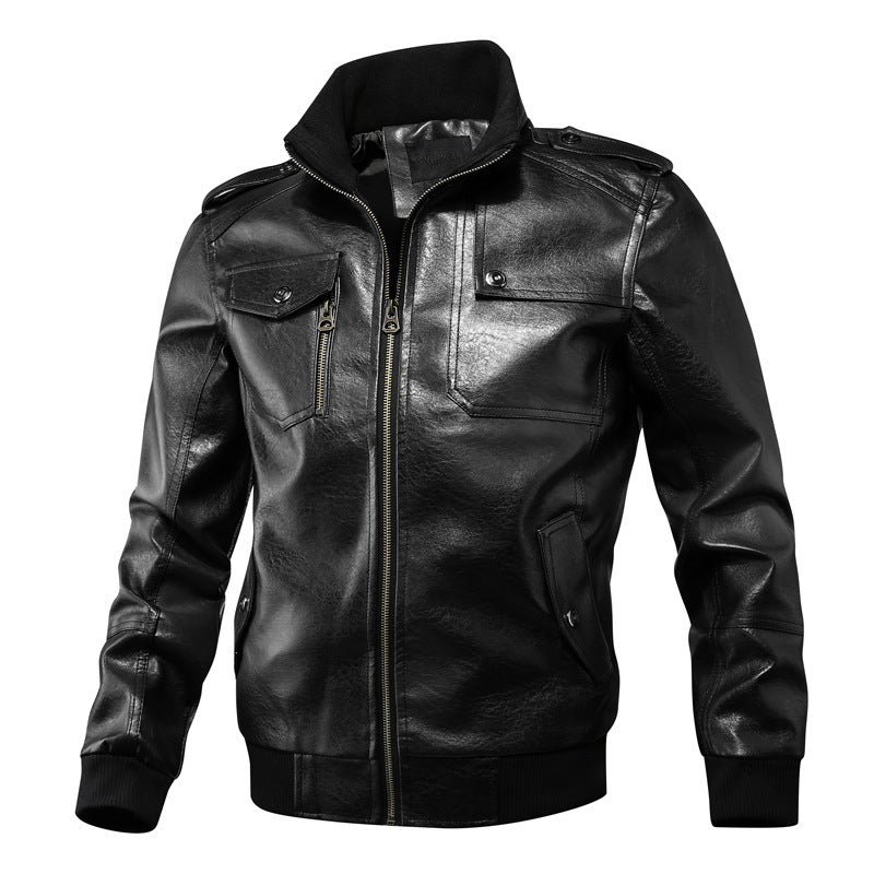 Herren Kunstleder-Flightjacke mit Brust- und Reißverschlusstaschen, Stehkragen und Rippbündchen EB