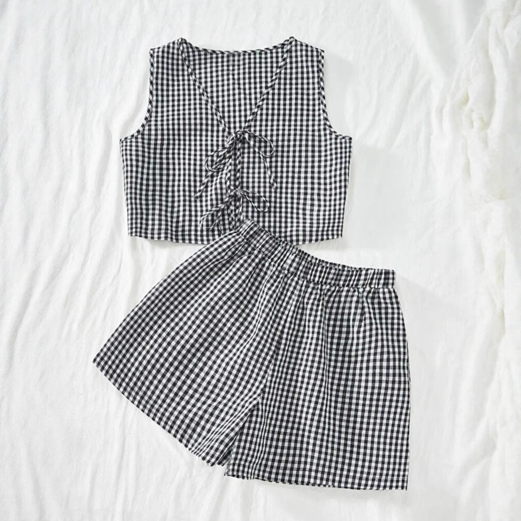 Damen Viskose Top mit kariertem Design und verspieltem Rückenzug EB