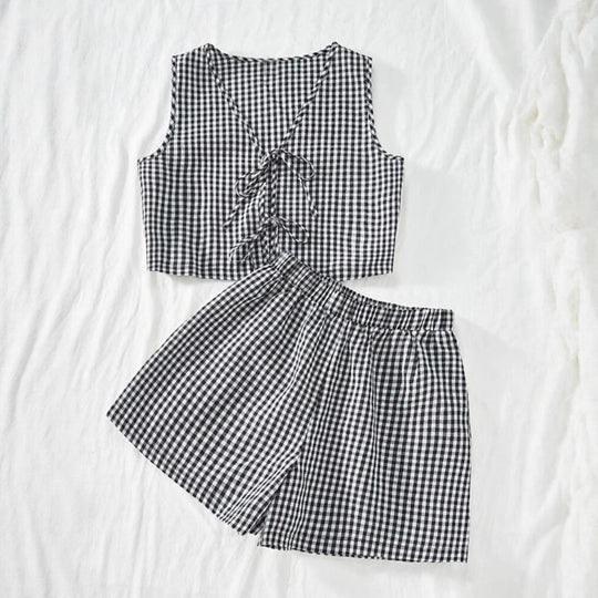 Damen Viskose Top mit kariertem Design und verspieltem Rückenzug EB