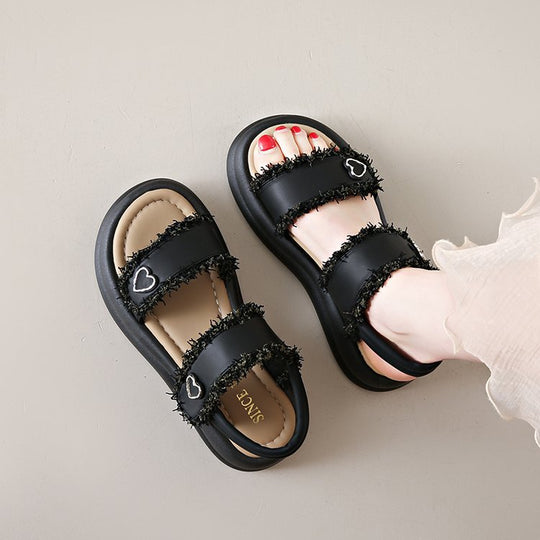 Damen modische Sandalen mit elastischen Riemen und herzförmigen Akzenten EB