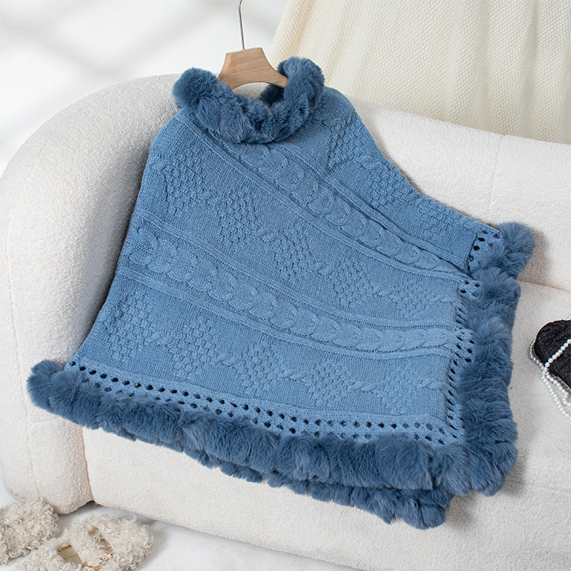 Damen kuscheliger Strickponcho mit samtigem Fellbesatz EB