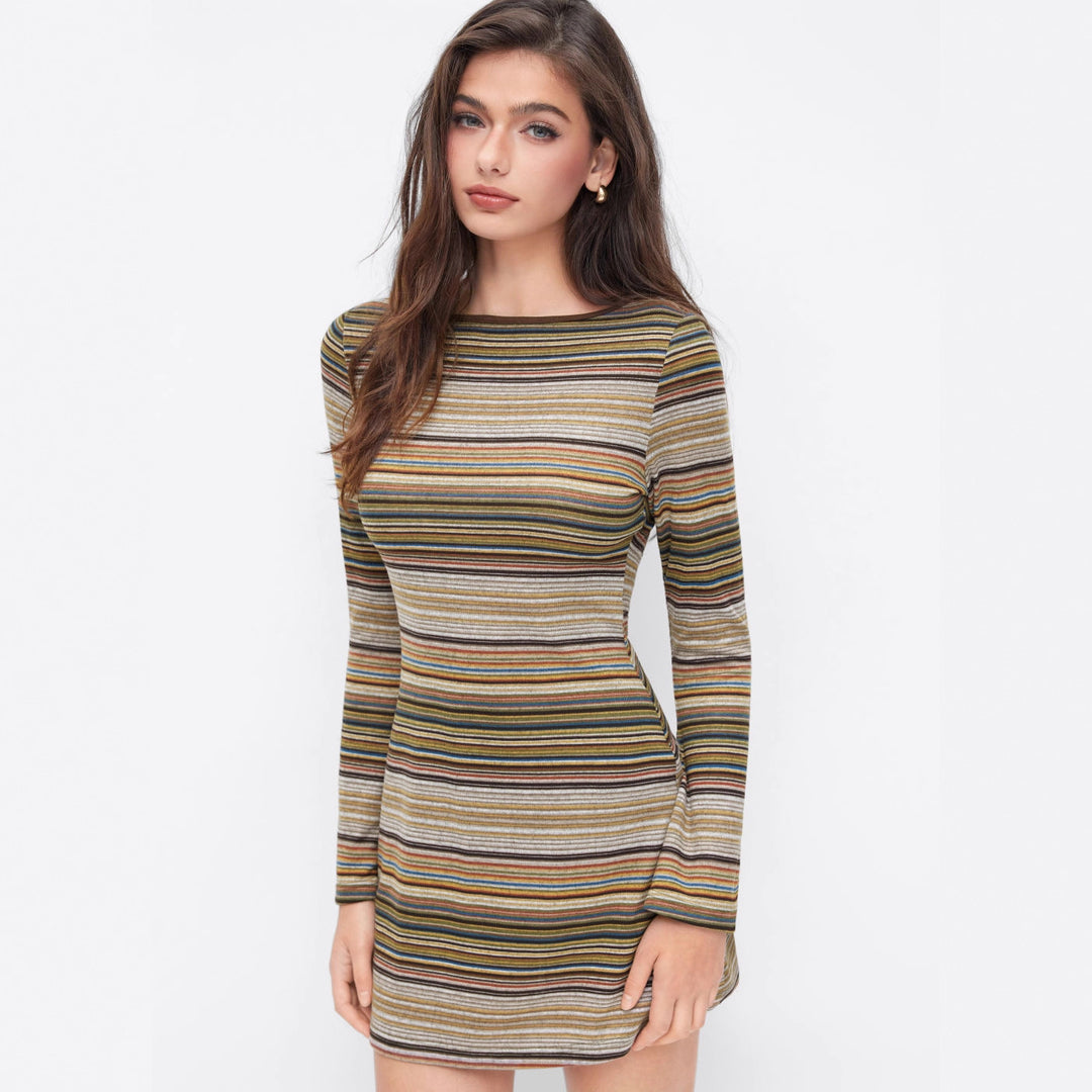 Damen Gestreiftes Feinstrick-Minikleid mit taillierter Silhouette und langen Ärmeln EB