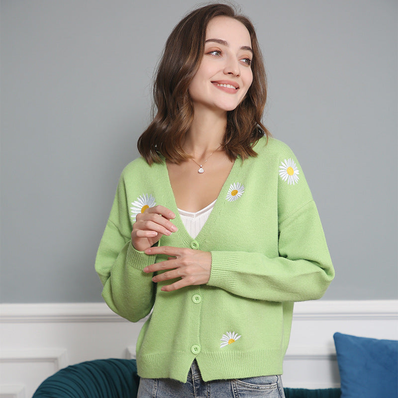 Damen Strickjacke mit floralem Muster und V-Ausschnitt EB