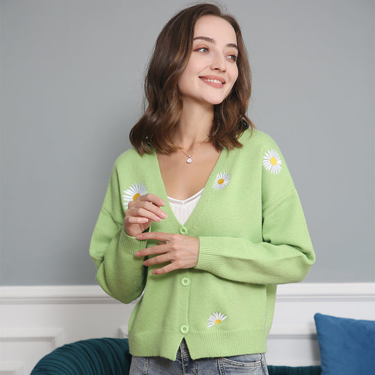 Damen Strickjacke mit floralem Muster und V-Ausschnitt EB
