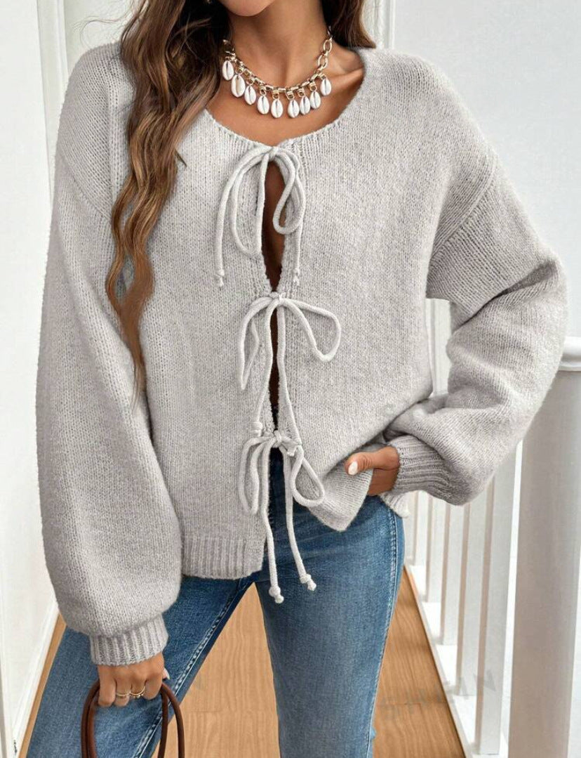 Damen Kurzcardigan mit Bindebändern, Oversize‑Silhouette und Ballonärmeln EB