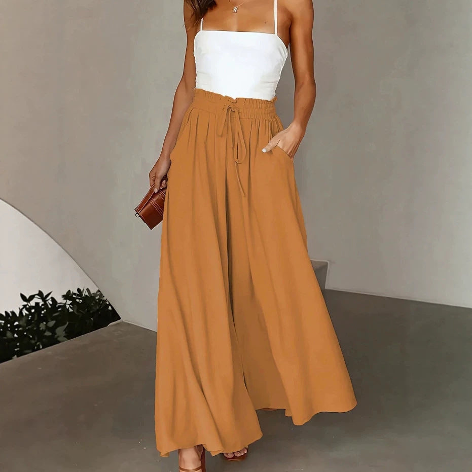 Damen nan fließende Palazzo-Hose mit Paperbag-Taille und tiefen Eingrifftaschen EB