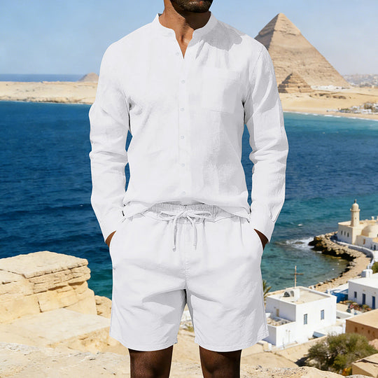 Herren nan sommerliches Leinen-Set mit Stehkragenhemd und Kordelzug-Kurzhose EB