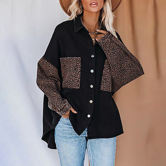 Damen Modische Hemdbluse mit Leopardenmustern und oversized Schnitt EB