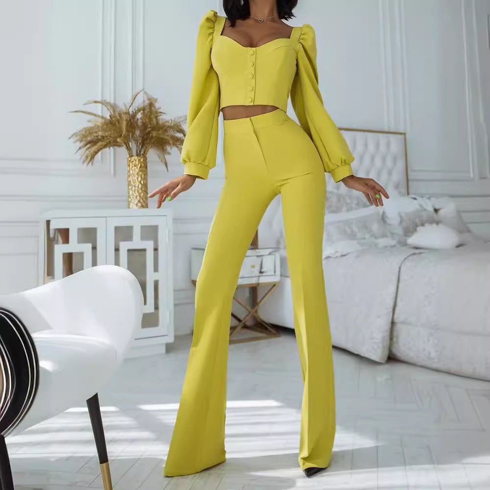 Damen Hochwertiges Crop-Top mit Puffärmeln und Knopfdetails EB