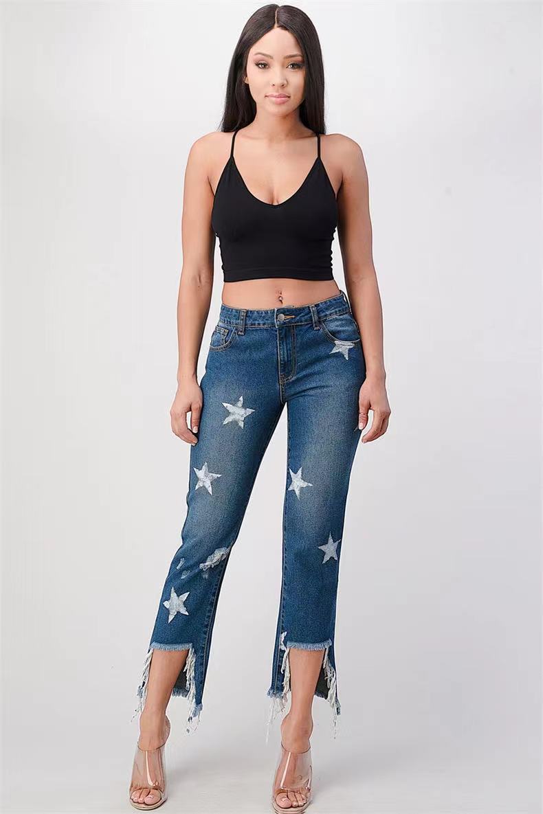 Damen modische Jeans mit Sternen-Design und fransigem Saum EB
