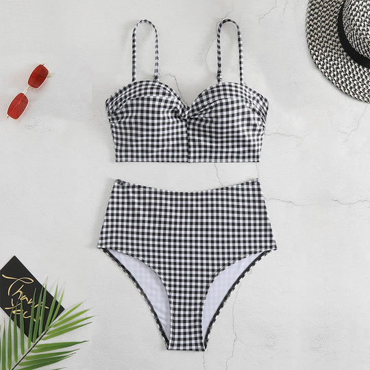 Damen Hochgeschnittener Karo-Bikini mit gepolstertem Oberteil EB