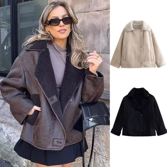 Damen nan kurze Winterjacke mit weichem Teddyfutter, Umschlagkragen und Knopfleiste EB