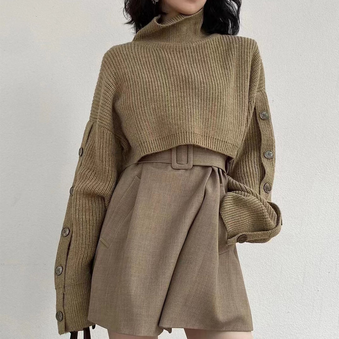 Damen Kurzgeschnittener Rollkragen-Bolero-Überwurf mit langen Ärmelknöpfen EB