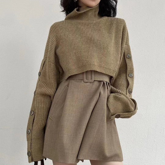Damen Kurzgeschnittener Rollkragen-Bolero-Überwurf mit langen Ärmelknöpfen EB