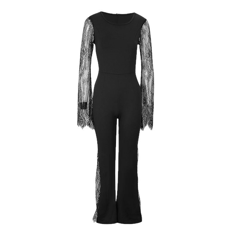 Damen Eleganter Jumpsuit mit schimmernder Spitze und weitem Bein EB