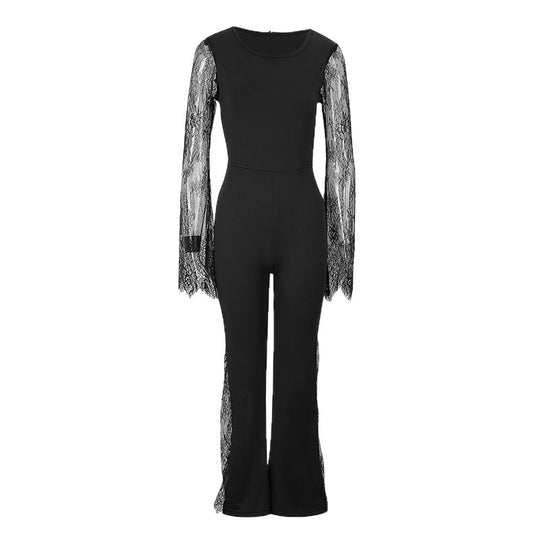 Damen Eleganter Jumpsuit mit schimmernder Spitze und weitem Bein EB