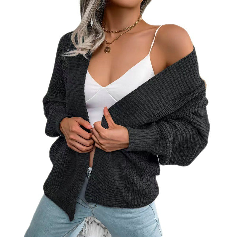Damen Grobstrick Cardigan mit weit geschnittenen Ärmeln und offenem V-Ausschnitt EB