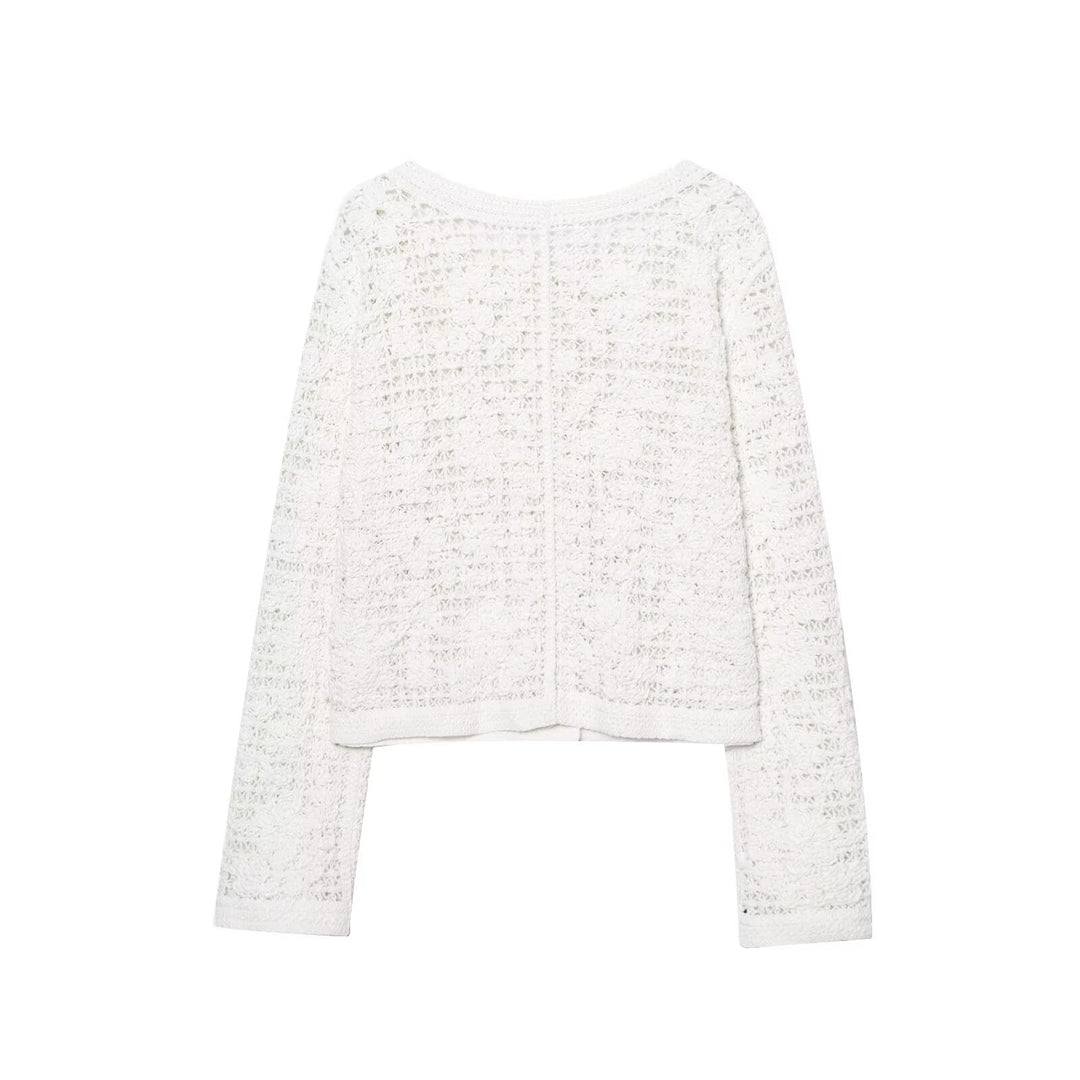 Damen Strickjacke mit feinem Häkelmuster und eleganten Knopfdetails EB