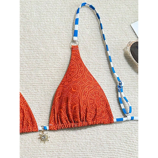 Damen Triangel-Bikini mit buntem Design und modischen Riemen EB