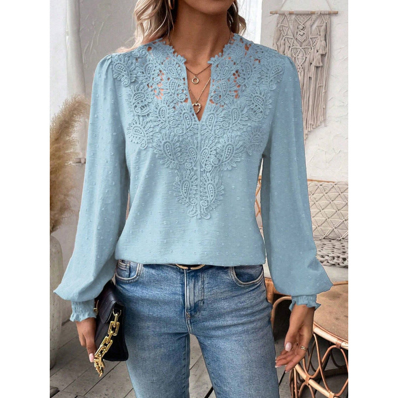 Damen Bluse mit gesticktem V-Ausschnitt und langen Ärmeln EB