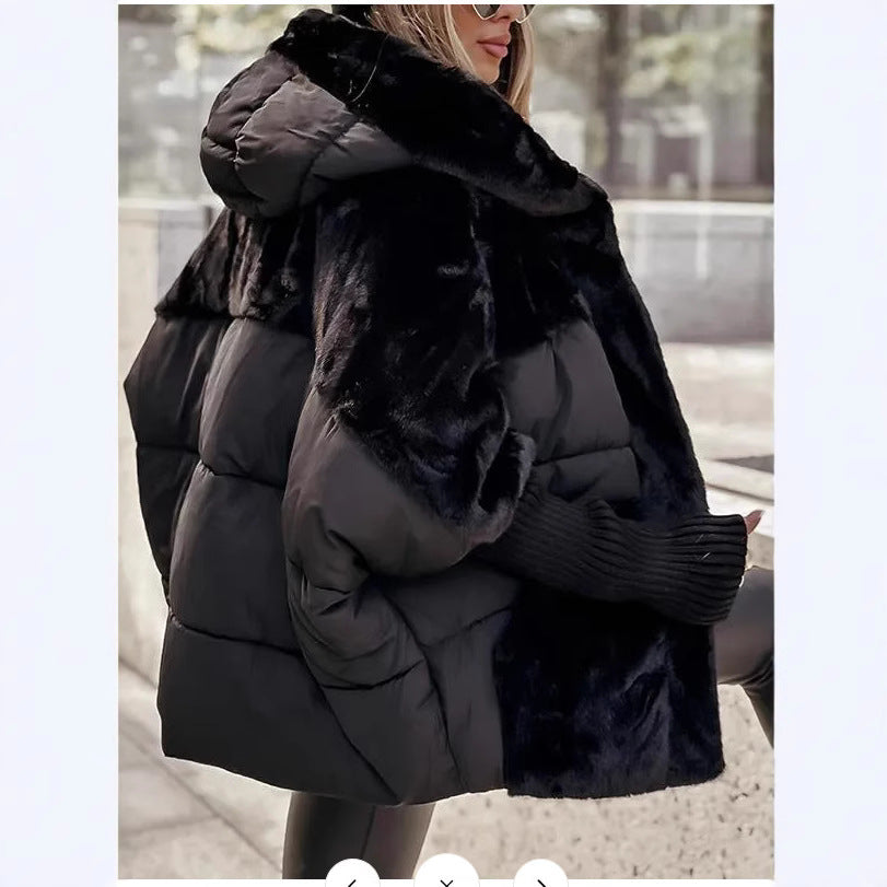 Damen Oversize Steppjacke mit Kunstfell und Kapuze EB