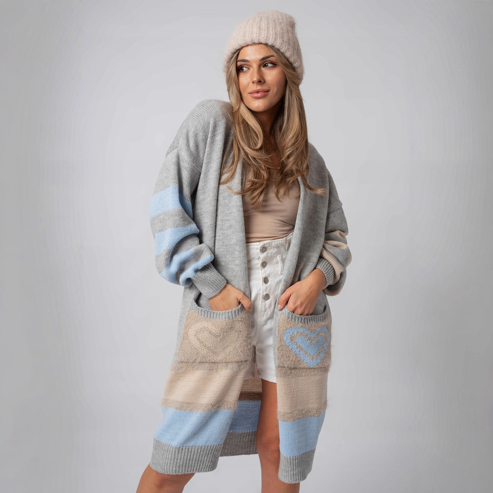 Damen Langärmliger Strickcardigan mit herzförmigen Taschen und modernem Farbblocking EB