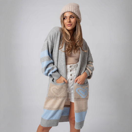 Damen Langärmliger Strickcardigan mit herzförmigen Taschen und modernem Farbblocking EB