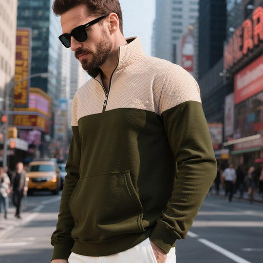 Herren Colorblock-Halbzip-Sweatshirt mit gesteppter Brustpartie, Kängurutasche und elastischen Bündchen EB