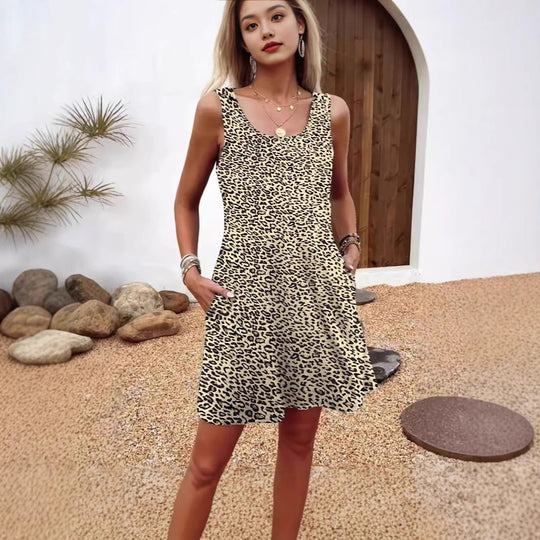 Damen lässiges Sommerkleid mit Federmuster und praktischen Seitentaschen EB