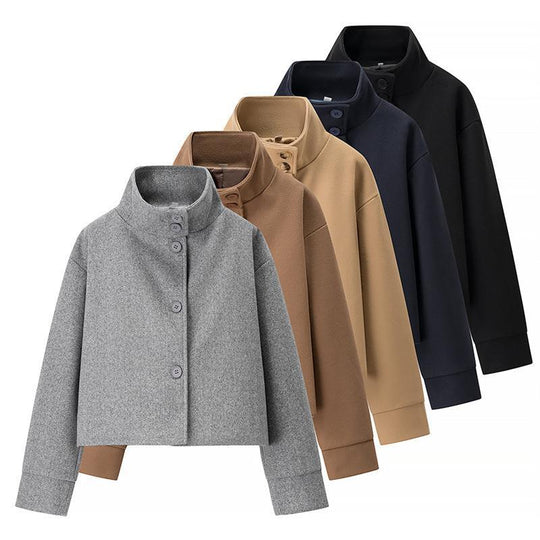 Damen modische Cropped-Jacke mit hohem Kragen und praktischen Knöpfen EB