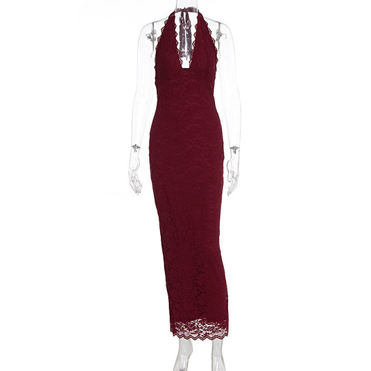 Damen Elegantes Spitzenmaxikleid mit halterndem Dekolleté EB