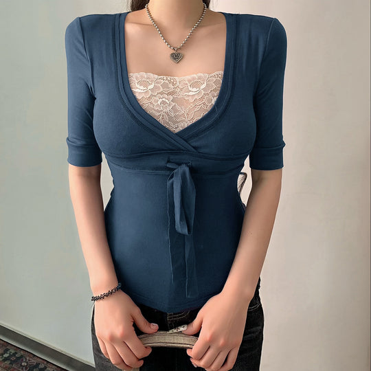 Damen Wickeloberteil mit Spitzenbesatz und Taillenband EB