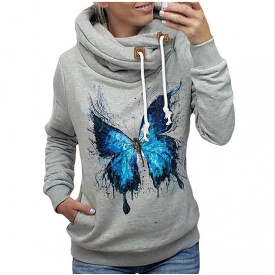 Damen Kapuzenpullover mit hohem Schlauchkragen, Kängurutasche und Schmetterlingsprint EB