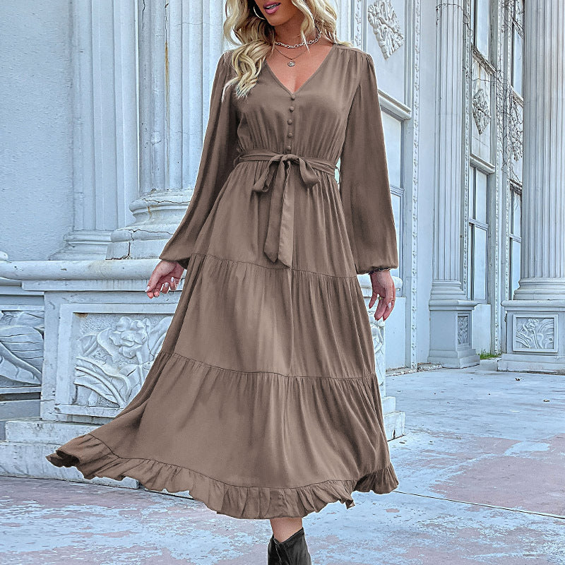 Damen Maxikleid mit Knopfleiste, Taillengürtel und Rüschensaum EB