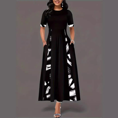 Damen Maxikleid mit künstlerischem Muster und praktischen Taschen EB
