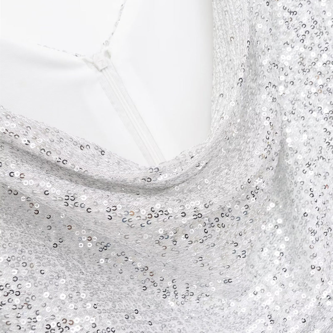 Damen kurzärmeliges Abendkleid mit schimmerndem Paillettenbesatz EB