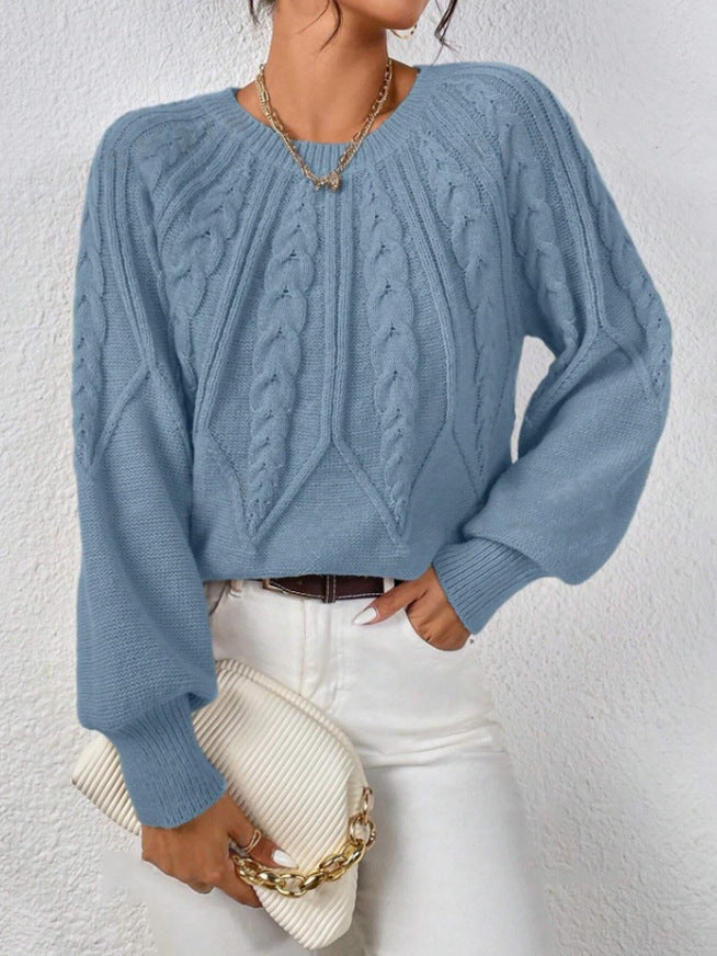 Damen nan kurzer Zopfmuster-Strickpullover mit Ballonärmeln und geripptem Saum EB