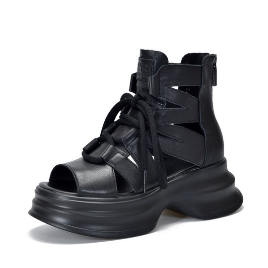 Damen modische Plateau-Sandalen mit durchlässigem Leder und innovativem Schnürsystem EB