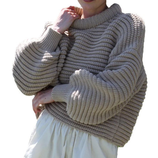 Damen lässiger Strickpullover mit Rollkragen und Rippstruktur EB
