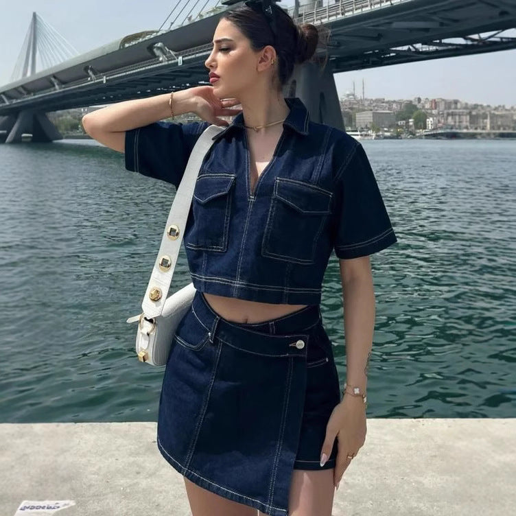 Damen modisches Denim-Kurzoberteil und Rock Set EB