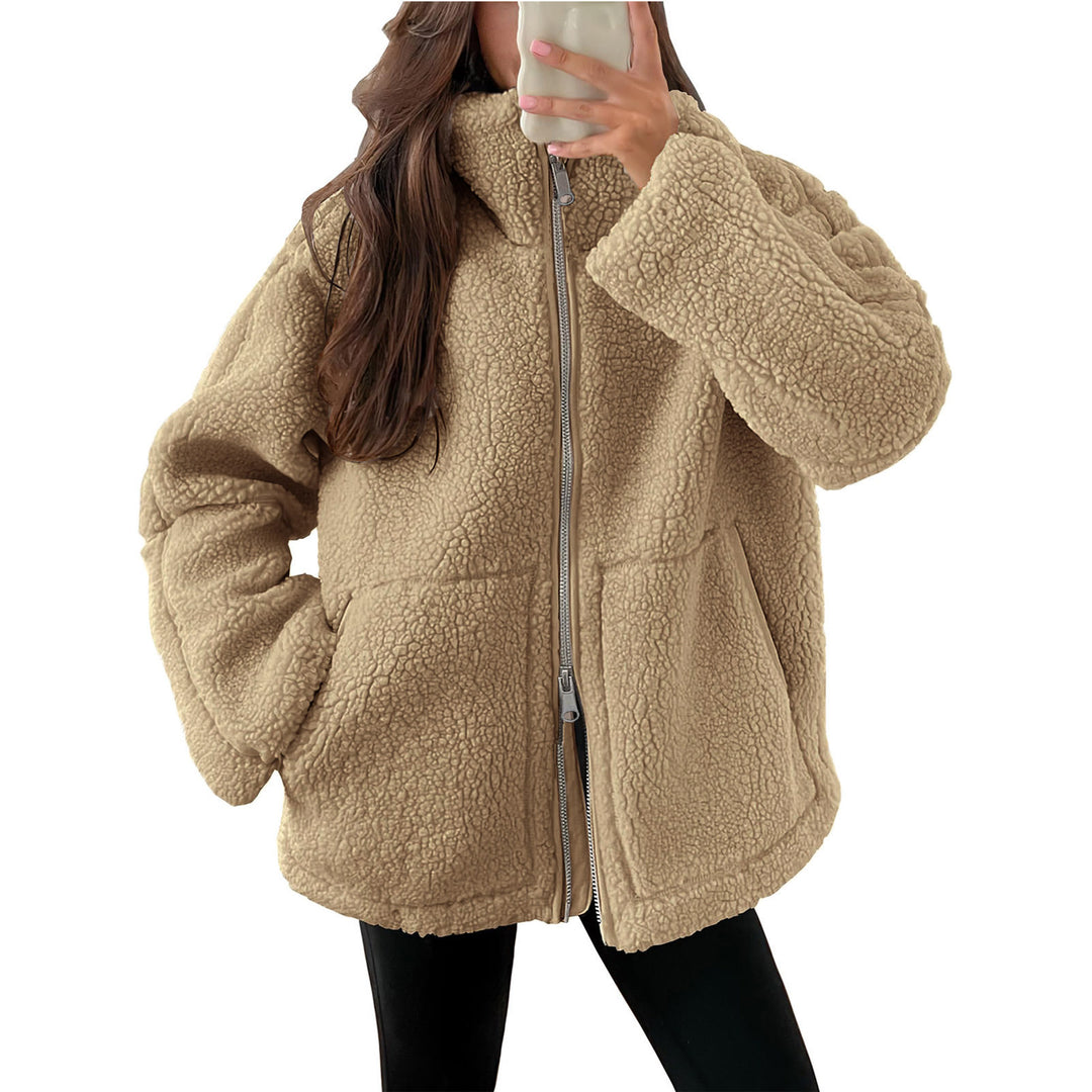 Damen nan oversized Teddyfleece Jacke mit Stehkragen und durchgehendem Reißverschluss EB