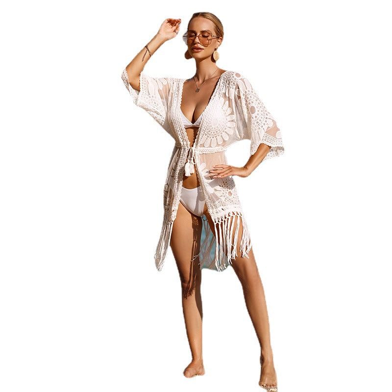 Damen Häkel-Strandüberwurfkleid mit fransigem Saum und floralem Design EB