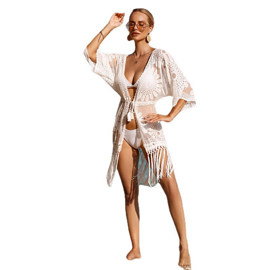 Damen Häkel-Strandüberwurfkleid mit fransigem Saum und floralem Design EB