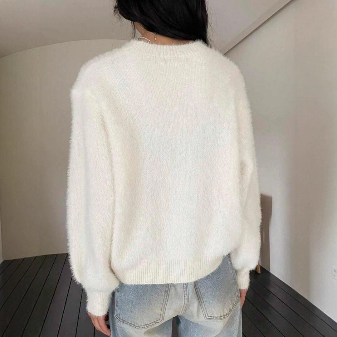 Damen Kurzgeschnitteter Flauschpullover mit Ballonärmeln und Rundhalsausschnitt EB