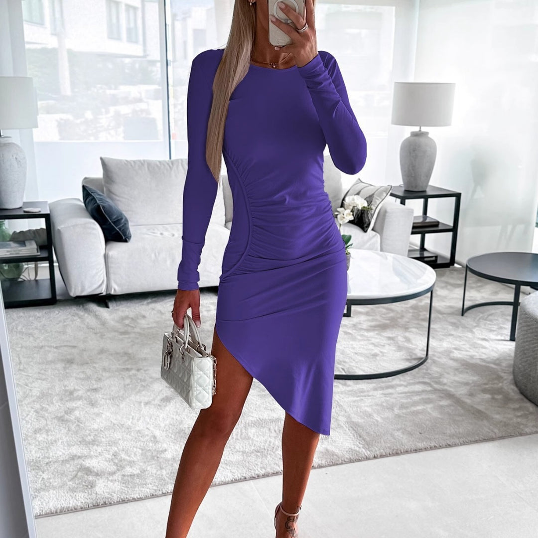 Damen figurbetontes Langarmkleid mit asymmetrischem Schnitt und Raffungen EB