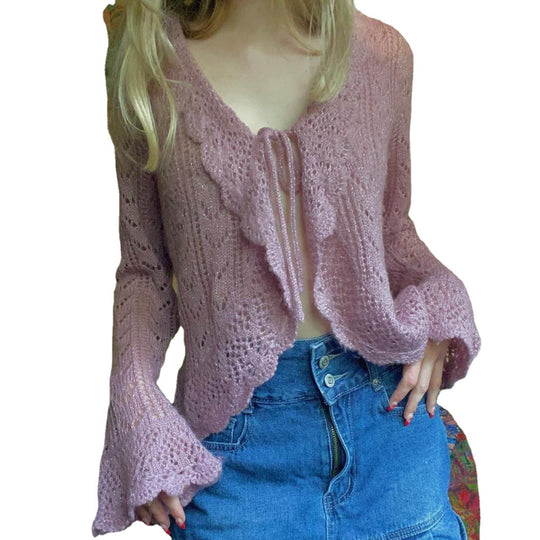 Damen gehäkelter Cardigan mit Rüschendetails EB
