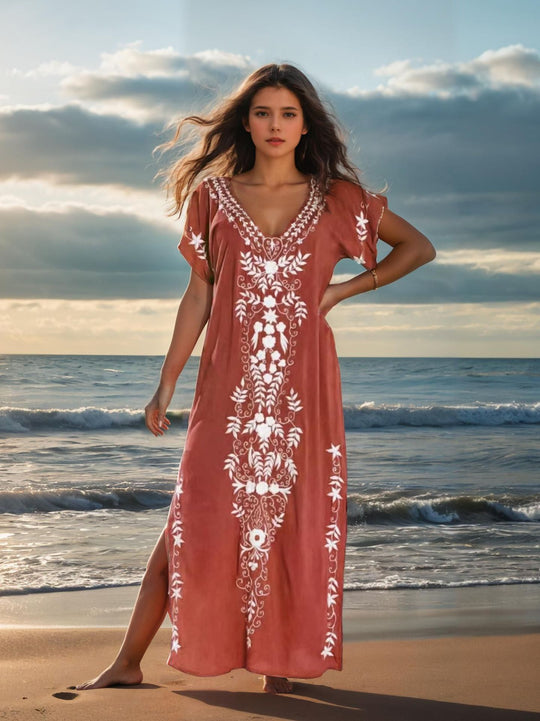 Damen eleganter Strandüberwurf mit filigranem Stickereidesign EB